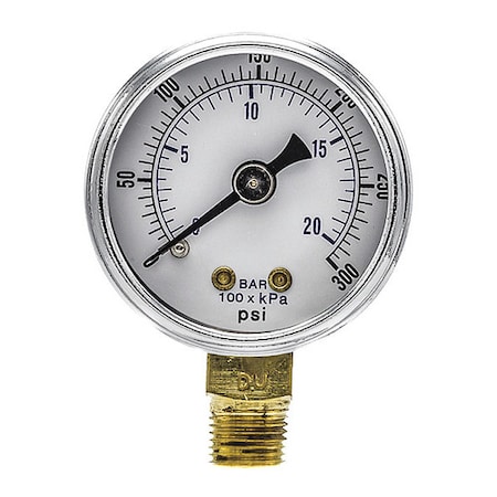 Industrial Pressure Gauge, 0 to 300 psi, 1 1/2 in Dial, 1/8 in NPT, Bottom Location