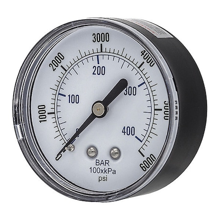 Industrial Pressure Gauge, 0 to 6,000 psi, 2 1/2 in Dial, 1/4 in NPT, Center Back Location