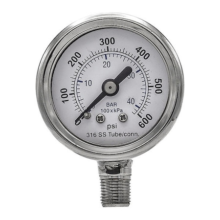 Industrial Pressure Gauge, 0 to 600 psi, 1 1/2 in Dial, 1/8 in NPT, Bottom Location