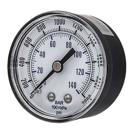 Industrial Pressure Gauge, 0 to 2,000 psi, 2 in Dial, 1/4 in NPT, Center Back Location