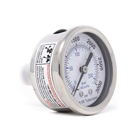 Industrial Pressure Gauge, 0 to 3,000 psi, 2 in Dial, 1/4 in NPT, Center Back Location