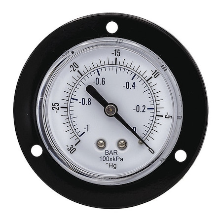 Panel-Mount Vacuum Gauge, 30 to 0 psi, 2 1/2 in Dial, 1/8 in NPT, Center Back Location