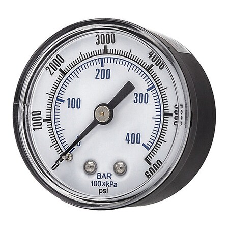 Industrial Pressure Gauge, 0 to 6,000 psi, 2 in Dial, 1/4 in NPT, Center Back Location