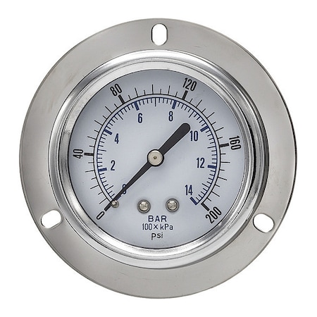 Panel-Mount Pressure Gauge, 0 to 200 psi, 2 1/2 in Dial, 1/8 in NPT, Center Back Location