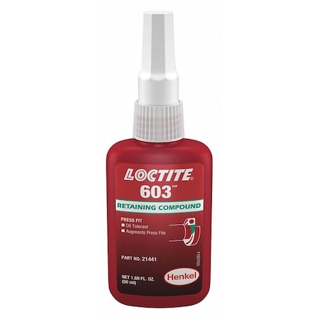 Retaining Compound, 603 Series, Green, Liquid, Press Fit, Oil Tolerant, 50 mL Bottle