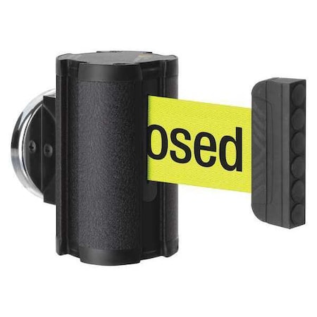Retractable Belt Barrier, Black, 10 ft Length, Please Do Not Enter - Temporarily Closed, Wrinkle