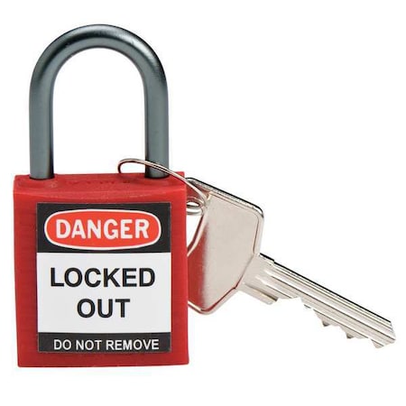 Lockout Padlock, Keyed Alike, Nylon, Red, 1 in Shackle Height, 1 3/16 in Body Width, 1 No. of Keys