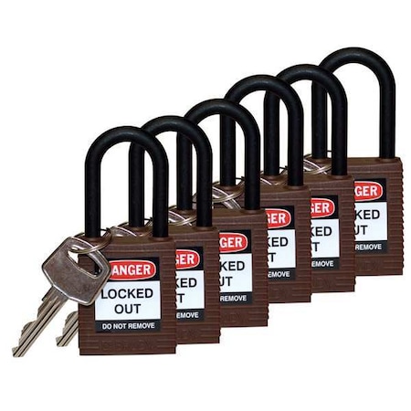 Lockout Padlock, Keyed Alike, Nylon, Brown, 1 1/2 in Shackle Height, 1 1/2 in Body Width, 6 PK