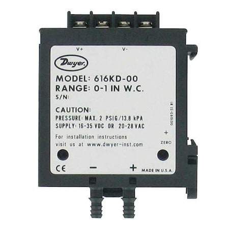 Differential pressure transmitter, 0 to 1" w.c., 4-20 mA.