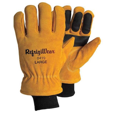 Cold Protection Gloves, Split Cowhide Leather Palm, Knit Cuff, Gold, 1 PR