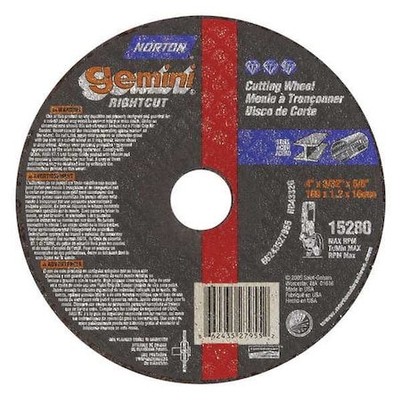 Abrasive Cut-Off Wheel, Type 1, 4 in Dia, 0.0938 in Thick, 5/8 in Arbor Hole Size, Aluminum Oxide