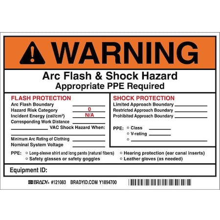 Vinyl Arc Flash & Shock Protection Label, 5"H X 7" W,PK5