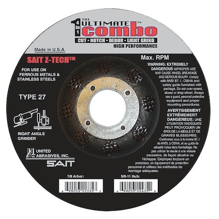 Depressed Center Cut-Off Wheel, Type 27, 4 1/2 in Dia, 0.095 in Thick, 7/8 in Arbor Hole Size