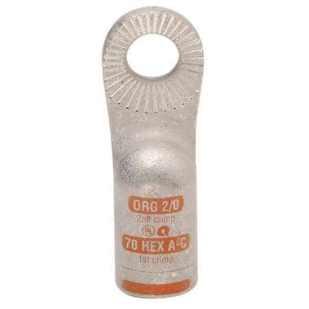 One-Hole Compression Lug, 2/0 AWG Max, 3/8 in Stud, Standard Barrel, Copper, Orange