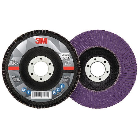3M Flap Disc, 4 1/2 in Dia, 7/8 in Connector Size, Ceramic, Type 29, 120 Grit, Fiberglass Bk, 769F