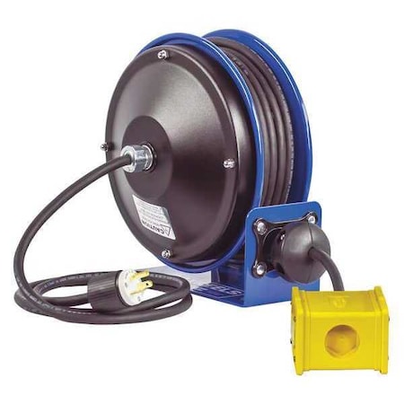 Cord Reel With Hand Lamp, Spring Retracted, NEMA 5-20R, 12 AWG, Blue Reel Color, 30 ft Length