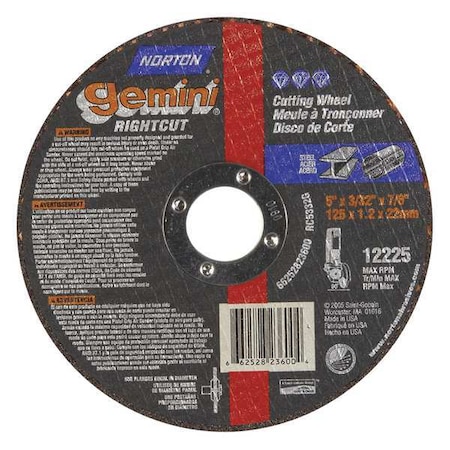 Abrasive Cut-Off Wheel, Type 1, 5 in Dia, 0.0938 in Thick, 7/8 in Arbor Hole Size, Aluminum Oxide