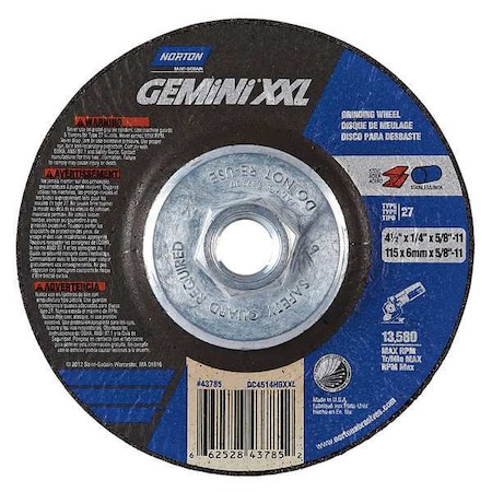 Depressed Center Grinding Wheel, Type 27, 4 1/2 in Dia, 0.25 in Thick, 5/8"-11 Arbor Hole Size