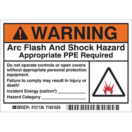 Arc Flash Label,3-1/2 In. H,5 In. W,PK5, 121136