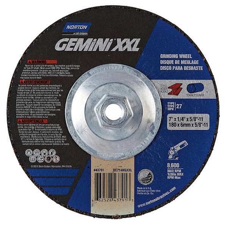 Depressed Center Grinding Wheel, Type 27, 7 in Dia, 0.25 in Thick, 5/8"-11 Arbor Hole Size, 24 Grit