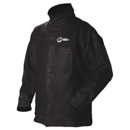 Welding Jacket, Pigskin, 2 oz, 30 in Length, Snaps Closure, 2 Pockets, Black, L