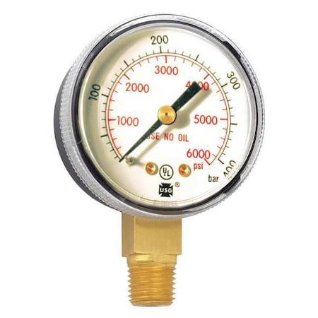 Welding Regulator Pressure Gauge, 0 to 6,000 psi, 2 in Dial, 1/4 in NPT, Bottom Location
