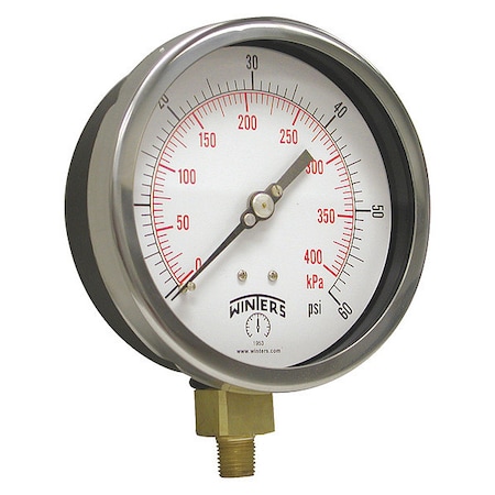 Industrial Pressure Gauge, 0 to 60 psi, 6 in Dial, 1/4 in NPT, Bottom Location