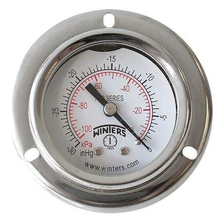 Panel-Mount Vacuum Gauge, 30 to 0 psi, 2 in Dial, 1/8 in NPT, Center Back Location