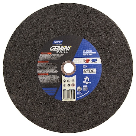 Abrasive Cut-Off Wheel, Type 1, 14 in Dia, 0.0938 in Thick, 1 in Arbor Hole Size, Aluminum Oxide