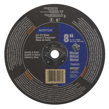 Abrasive Cut-Off Wheel, Type 1, 8 in Dia, 0.125 in Thick, 5/8 in Arbor Hole Size, Aluminum Oxide