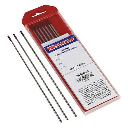 Tungsten Electrode, Thoriated, 3/32 in Diameter, 7 in Lenth, AWS A5.12, Red, PK10