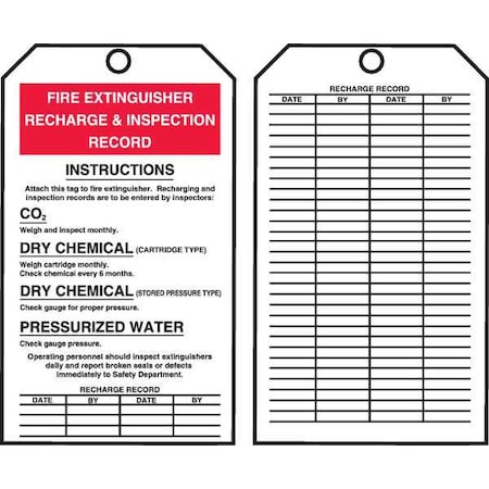 Tag, Fire Extinguisher, Cardstock, 6 1/4 in H x 3 in W, White, Rectangle, 100 PK