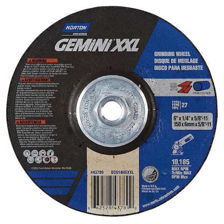 Depressed Center Grinding Wheel, Type 27, 6 in Dia, 0.25 in Thick, 5/8"-11 Arbor Hole Size, 24 Grit