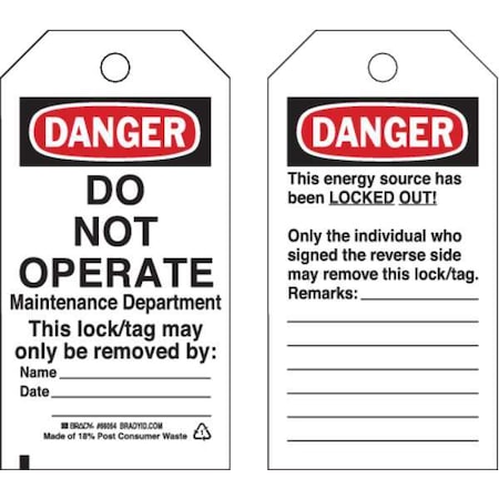 Danger Tag, Danger, Cardstock, 3 in Width, 5 3/4 in Height, Write On Surface: Yes ,25 PK