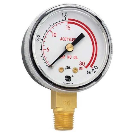 Welding Regulator Pressure Gauge, 0 to 30 psi, 2 in Dial, 1/4 in NPT, Bottom Location