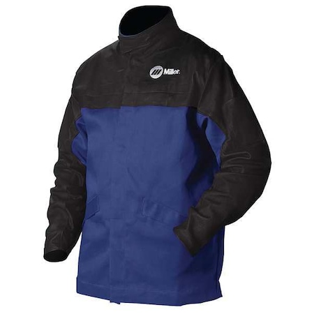 Welding Jacket, Indura with Pigskin Sleeves, 9 oz, 30 in Length, Snaps Closure, 2 Pockets, Blue, XL