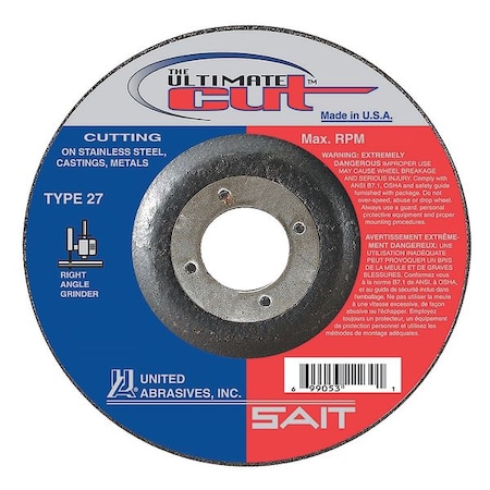 Depressed Center Cut-Off Wheel, Type 27, 6 in Dia, 0.045 in Thick, 7/8 in Arbor Hole Size, 60 Grit