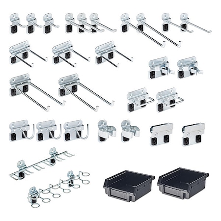 30 Pc. Steel Pegboard Hook & Bin Assortment for LocBoard (28 Asst Hooks & 2 Bins)