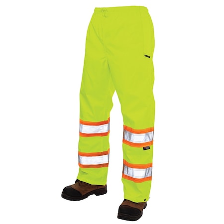 Hi-Visibility Rain Pants, 100% Rip-Stop Polyester, 32 in Inseam, Drawstring Closure, Gree/Yellow
