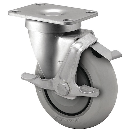 4" X 1-1/4" Non-Marking Rubber Soft Round Swivel Caster, Face Contact Brake, Loads Up To 250 lb