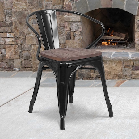 Metal Chair,Black with Arms,Wood Seat