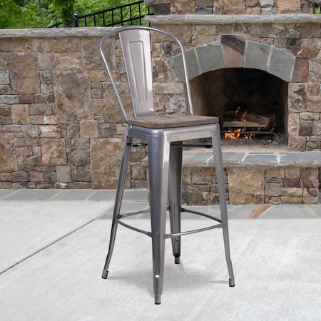 Lincoln 30" High Silver Antique Finish with Clear Coat Barstool with Back and Wood Seat