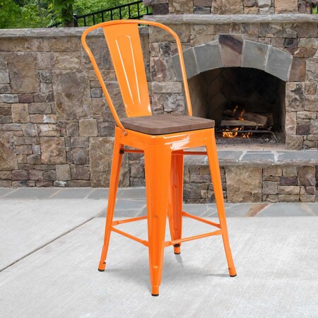 Metal Counter Stool, 24", Orange, Seat Material: Wood