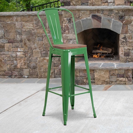 Metal Barstool, 30", Green, Seat Material: Wood