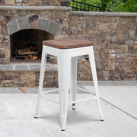 Metal Counter Stool, 24", White, Seat Material: Wood