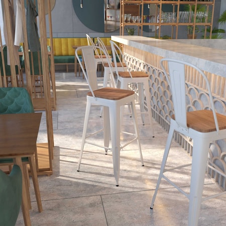 30" White Metal Barstool, Caster Type: Plastic Glides