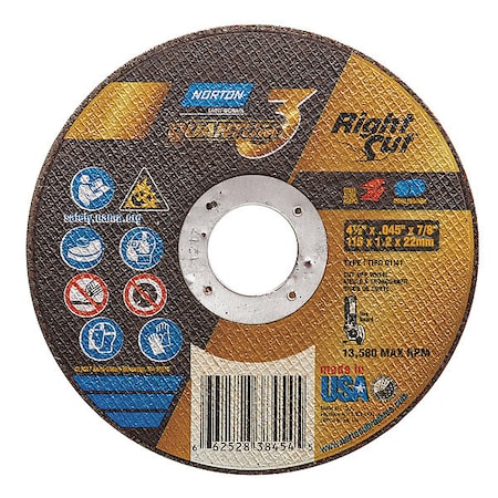 Abrasive Cut-Off Wheel, Type 1, 4 1/2 in Dia, 0.045 in Thick, 7/8 in Arbor Hole Size, Ceramic