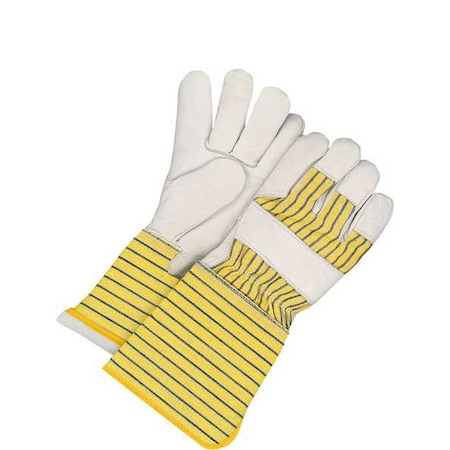 Leather Gloves, Cowhide Palm, Gauntlet Cuff, Beige / Blue/Yellow, 1 PR