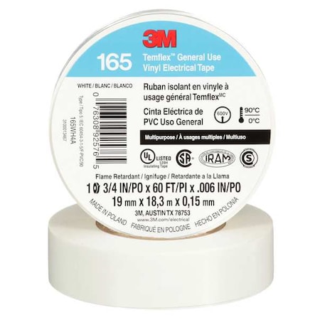 Vinyl Electrical Tape,165, Temflex, 3/4 in W x 60 ft L, 6 mil thick, White