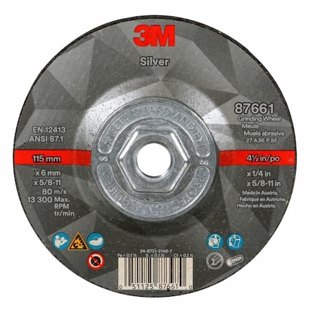 Depressed Center Grinding Wheel, Type 27, 4 1/2 in Dia, 0.25 in Thick, 5/8"-11 Arbor Hole Size